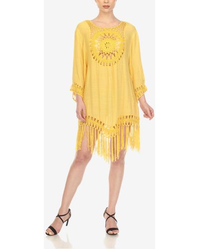 White Mark Crocheted Fringed Trim 3/4 Sleeves Cover Up Dress - Yellow