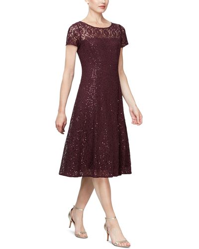 Sl Fashions Sequined Lace Midi Dress - Red