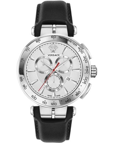 Versace Swiss Chronograph Aion Black Leather Strap Watch 45mm - Gray