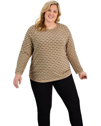 Karen Scott Plus Size Cotton Textured Raglan-sleeve Sweater - Natural
