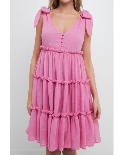 Free the Roses 3 Tiers Tie Shoulder Mini Dress - Pink