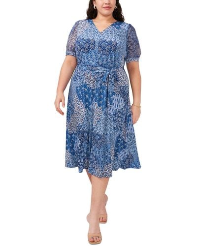 Msk Plus Size Printed Self-tie Midi Dress - Blue