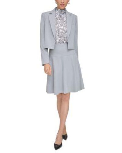 Calvin Klein Petite Gray Cropped Open Front Jacket Abstract Print Mock Neck Ruffle Sleeve Blouse Knee Length Side Zip Skirt