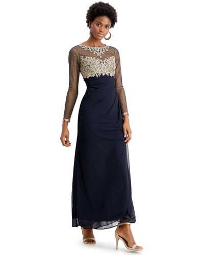 Xscape Sequin Embellished Ruched Illusion-sleeve Gown - Blue