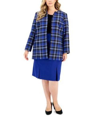 Kasper Plus Size Crewneck Chiffon Sleeve Knit Top Plaid Open Front Blazer Box Pleat Zip Back Pencil Skirt - Blue