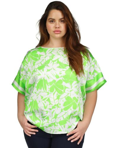 Michael Kors Michael Plus Size Palm-print Satin Twill Short-sleeve Blouse - Green