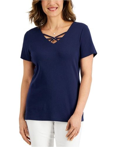 Karen Scott Petite Short Sleeve Criss-cross V-neck Top, Created For Macy's - Blue