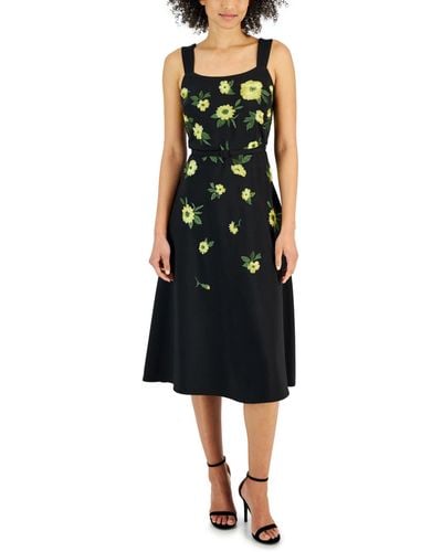 Anne Klein Floral-embroidered Belted Midi Dress - Black