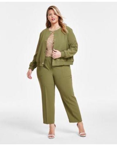 Anne Klein Plus Size Twill Collarless Snap Front Bomber Jacket Sequined Mesh Short Sleeve Top High Rise Fly Front Ankle Pants - Green