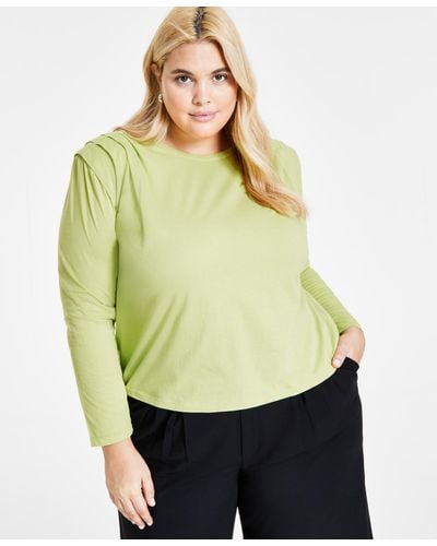 BarIII Plus Size Cotton Round-neck Pleat-shoulder T-shirt - Green