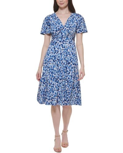 Jessica Howard Petite Printed V-neck Twist-front Dress - Blue