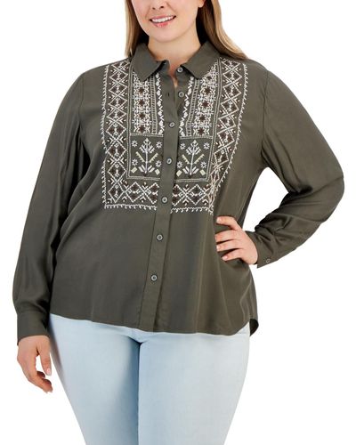 Style & Co. Plus Size Embroidered Long-sleeve Shirt - Gray