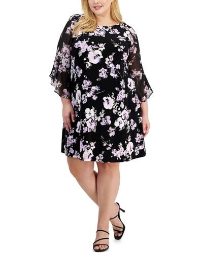Kasper Plus Size Floral 3/4-sleeve Shift Dress - Black