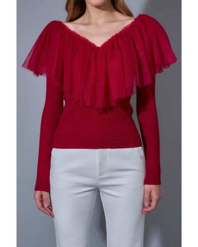 Endless Rose Mixed Media Mesh Pleated Ruffle Top - Red
