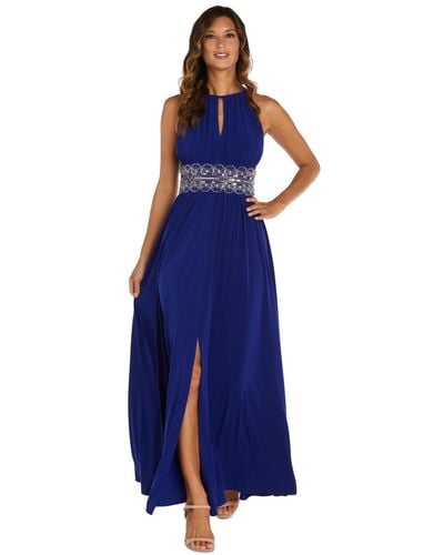 R&M Richards Women's Juniors Column Evening Gown with Off the Shoulder  Cutouts and Diamante Embellishments 