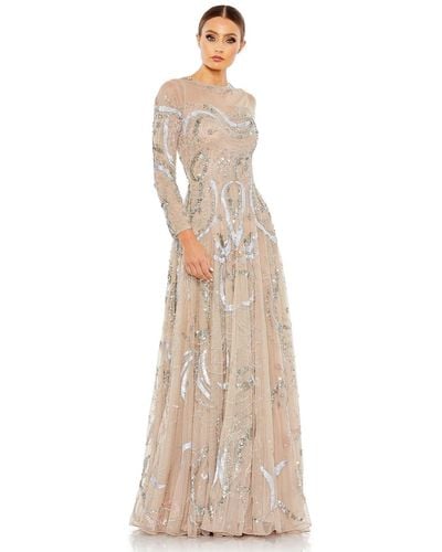 Mac Duggal Embellished Illusion High Neck Long Sleeve A Line - Natural