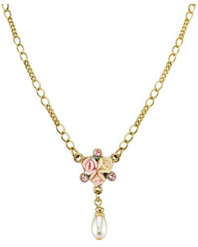2028 Gold-tone Crystal Ivory And Porcelain Rose Simulated Pearl Necklace 16" Adjustable - Pink