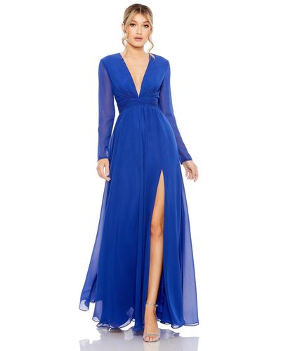 Mac Duggal Ieena V-neck Front Twist Long Sleeve Gown - Blue