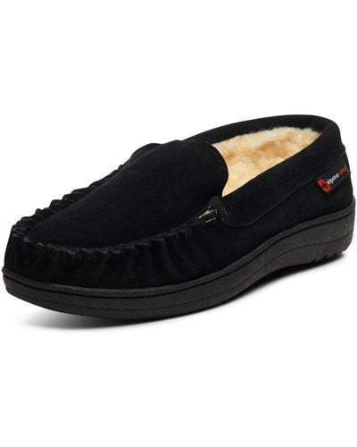 Alpine Swiss Yukon Suede Shearling Moccasin Slippers Moc Toe Slip On Shoes - Black