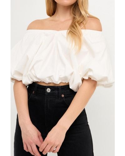 Endless Rose Cropped V-neckline Puff Top - White