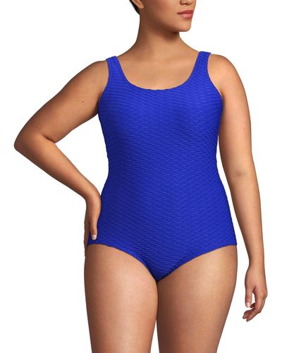 Lands' End Plus Size Texture Soft Cup Tugless Sporty One Piece Swimsuit - Blue