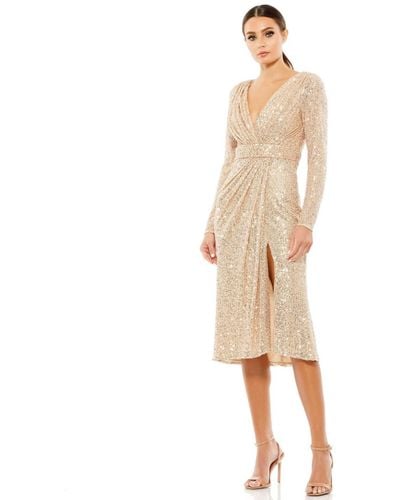 Mac Duggal Ieena Long Sleeve Sequined Midi Dress - Natural