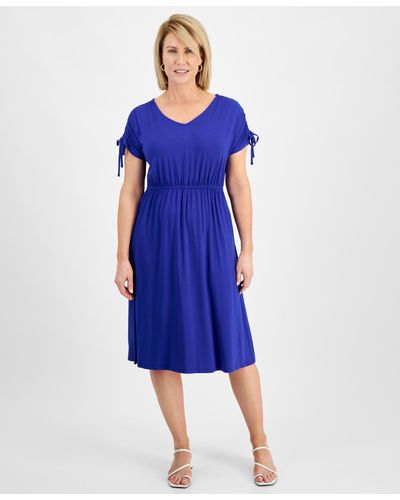 Style & Co. Petite V-neck Shirred-sleeve Knit Dress - Blue