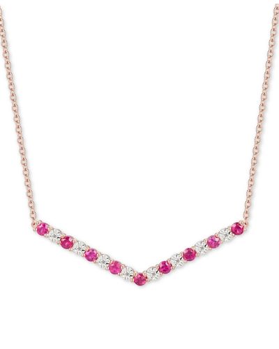 Macy's Ruby (5/8 Ct. T.w.) & Diamond (1/20 Ct. T.w.) Chevron 16" Statement Necklace In 14k Rose Gold-plated Sterling Silver - Red