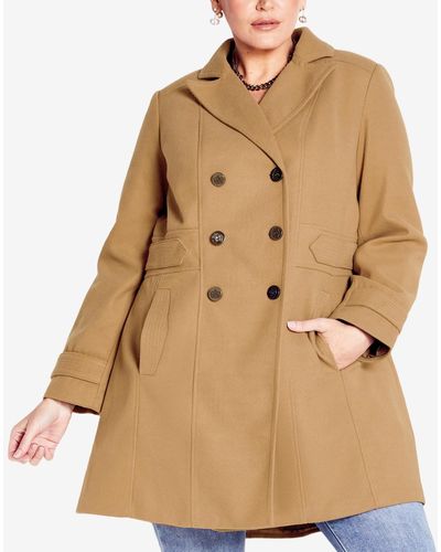 Avenue Plus Size Military Inspired Button Detail Coat - Natural