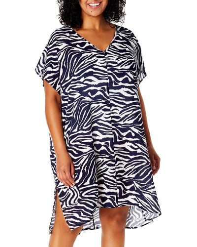 Anne Cole Plus Size Zebra-print Swim Cover-up Dress - Blue