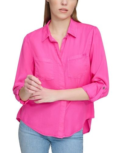 DKNY Roll-tab-sleeve Button-front Top - Pink