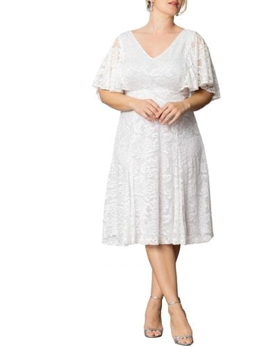 Kiyonna Plus Size Genevieve Lace Flutter Sleeve Midi Dress - White