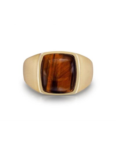 LuvMyJewelry Chatoyant Red Tiger Eye Quartz Gemstone Gold Plated Silver Men Signet Ring - Brown