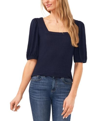 Cece Short Puff Sleeve Square Neck Knit Top - Blue