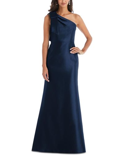 Alfred Sung Bow-trim One-shoulder Satin Gown - Blue