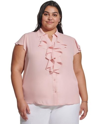 Calvin Klein Plus Size Ruffle-front Cap-sleeve Top - Pink
