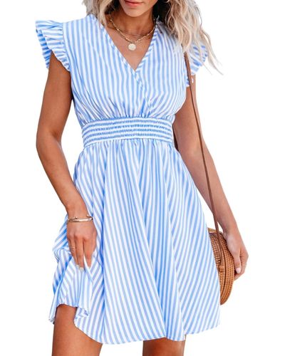 CUPSHE Blue & Stripe Flutter Sleeve Smocked Waist Midi Beach Dress