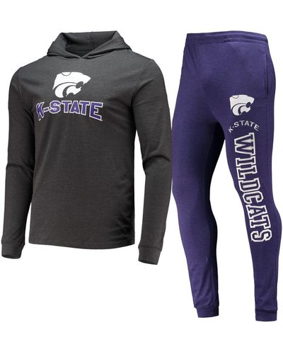 Concepts Sport Purple And Charcoal Kansas State Wildcats Meter Long Sleeve Hoodie T-shirt And jogger Pants Set - Blue