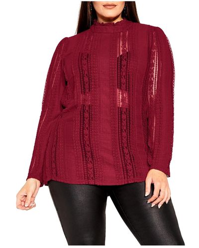 City Chic Plus Size Paneled Lace Top - Red
