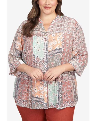 Ruby Rd. Plus Size Paisley Patchwork Print Button Front Top - Pink
