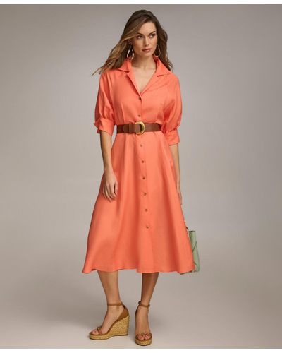 Donna Karan Belted Elbow-sleeve Shirtdress - Orange