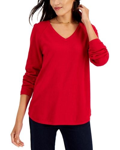 Karen Scott Cotton V-neck Sweater - Red