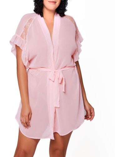 iCollection Mia Plus Size Chiffon And Lace Sheer Robe - Pink