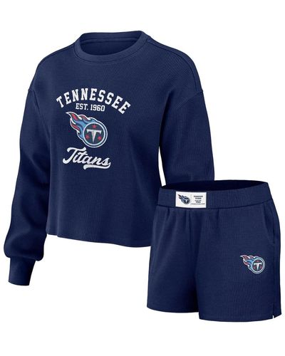 WEAR by Erin Andrews Distressed Tennessee Titans Waffle Knit Long Sleeve T-shirt And Shorts Lounge Set - Blue
