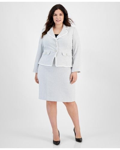 Le Suit Plus Size Check Print Contrast Trim Skirt Suit - White