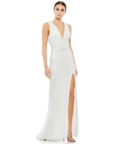 Mac Duggal Ieena V-neck Sequin Wrap Waist Gown - White