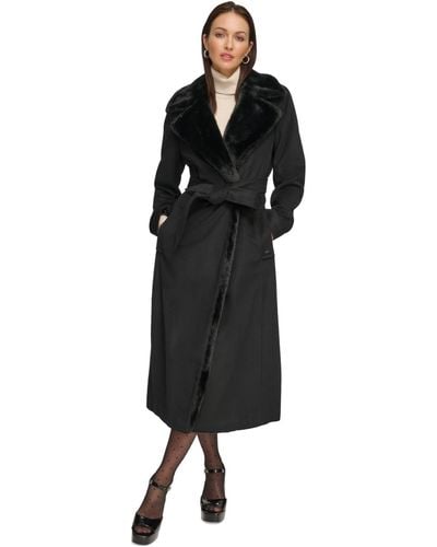 DKNY Faux-fur-trim Maxi Wool Blend Wrap Coat - Black