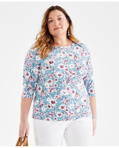 Style & Co. Plus Size Printed 3/4-sleeve Top - Blue