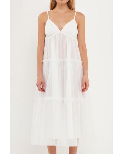 English Factory Tulle Contrast Midi Dress - White
