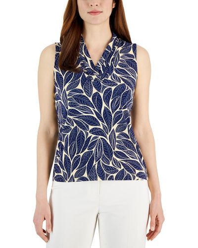 Anne Klein Pleated-neck Printed Sleeveless Top - Blue